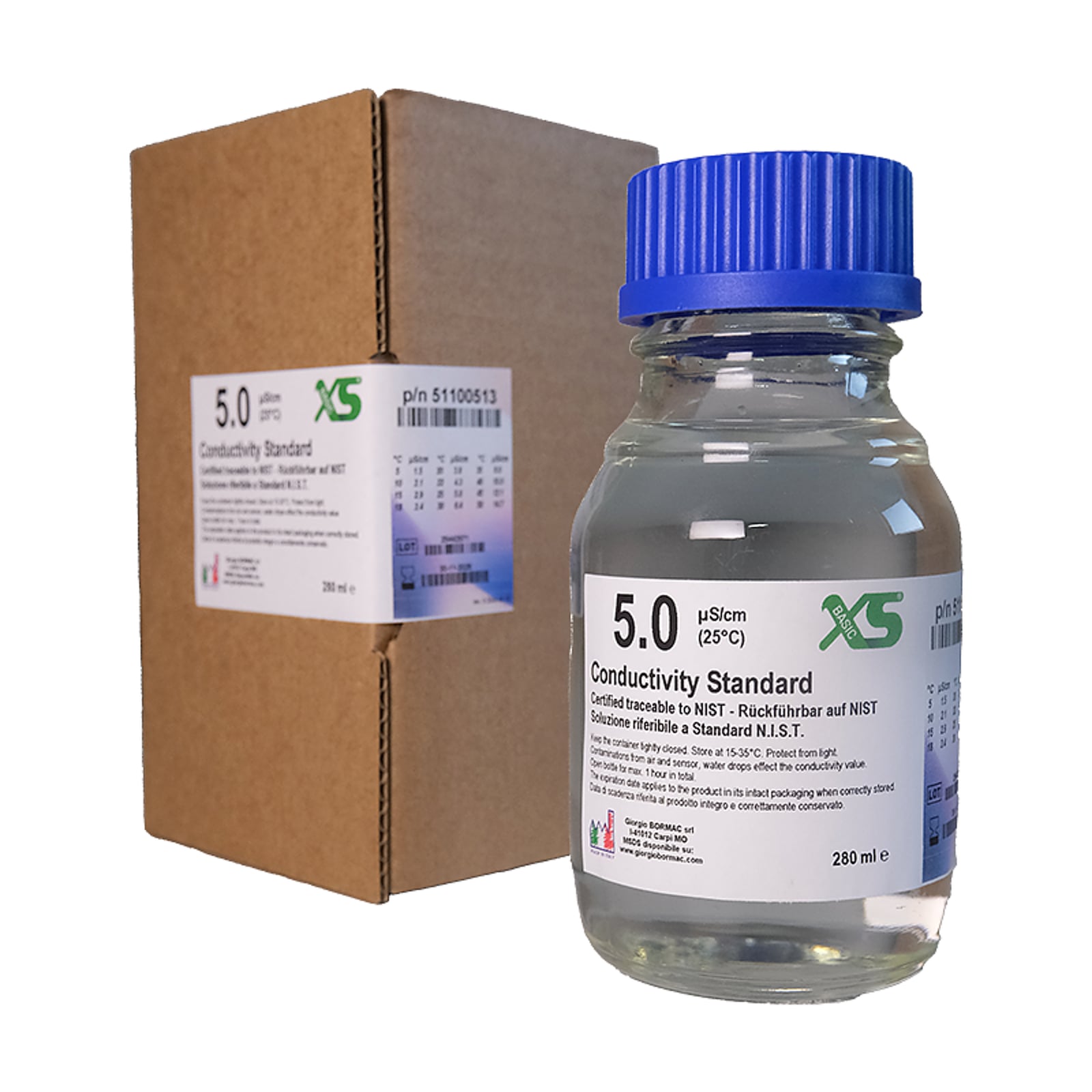 XS Basic EC 5.0 µS/cm /25°C, 280ml flacone vetro Soluzione di verifica