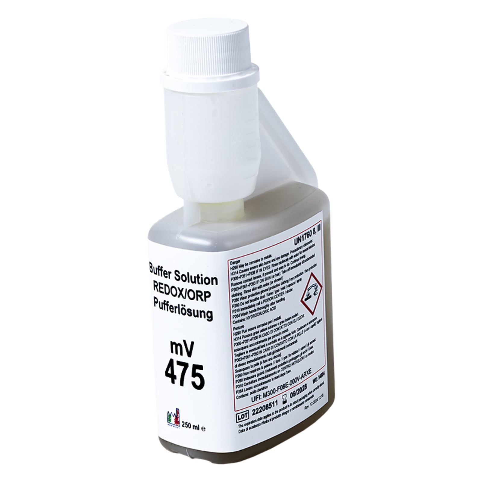 XS Basic RX +475mV /25°C, 250 ml flacone autocal Soluzione di verificaUN1760 LIQUIDO CORROSIVO, N.A.S. (acido cloridrico) / UN1760 CORROSIVE LIQUID, N.O.S. (hydrochloric acid), 8, III, (E)
