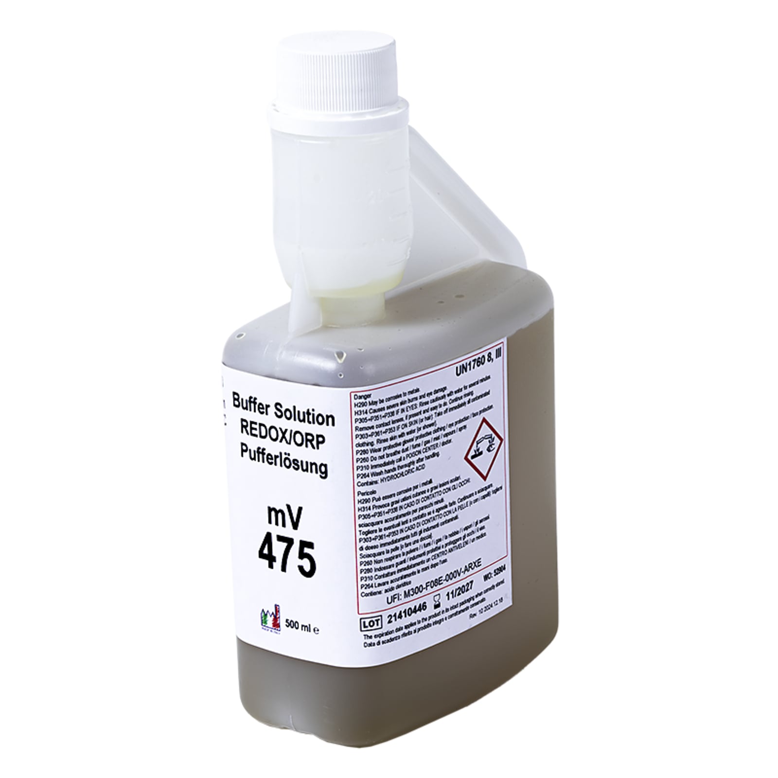 XS Basic RX +475mV /25°C, 500 ml flacone autocal Soluzione di verificaUN1760 LIQUIDO CORROSIVO, N.A.S. (acido cloridrico), 8, III, (E) / UN1760 CORROSIVE LIQUID, N.O.S. (hydrochloric acid), 8, III, (E)