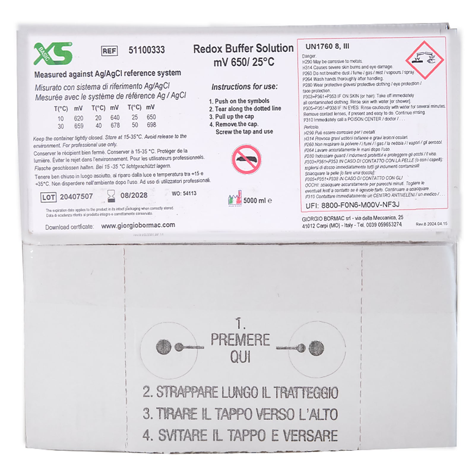XS Basic RX +650 mV/25°C, Politainer 5 litri Soluzione di verificaUN1760 LIQUIDO CORROSIVO, N.A.S. (acido cloridrico) / UN1760 CORROSIVE LIQUID, N.O.S. (hydrochloric acid), 8, III, (E)