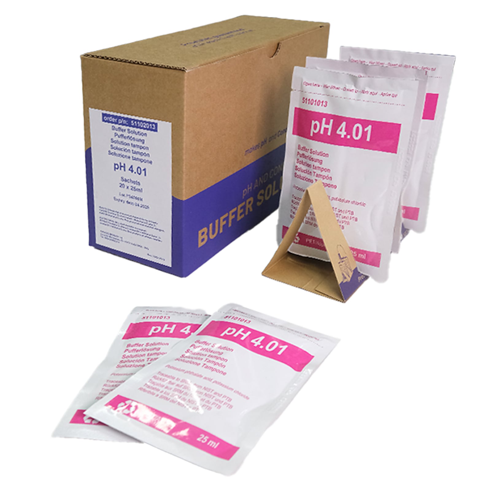 1x20 BUSTINE 25ml pH 4.01±0.02/25°C (rosso), con certificato di analisi