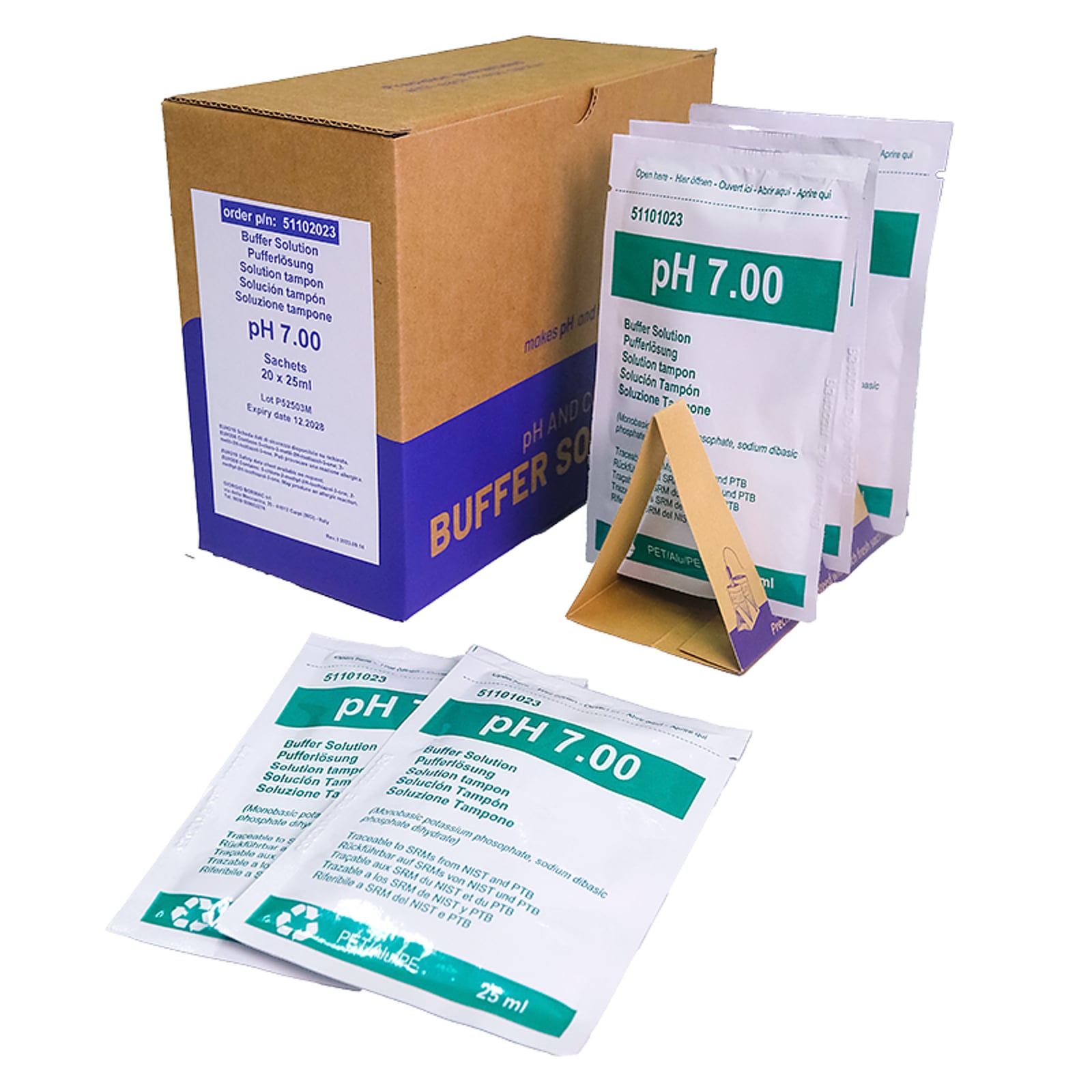 1x20 BUSTINE 25ml pH 7.00±0.02/25°C (verde), con certificato di analisi