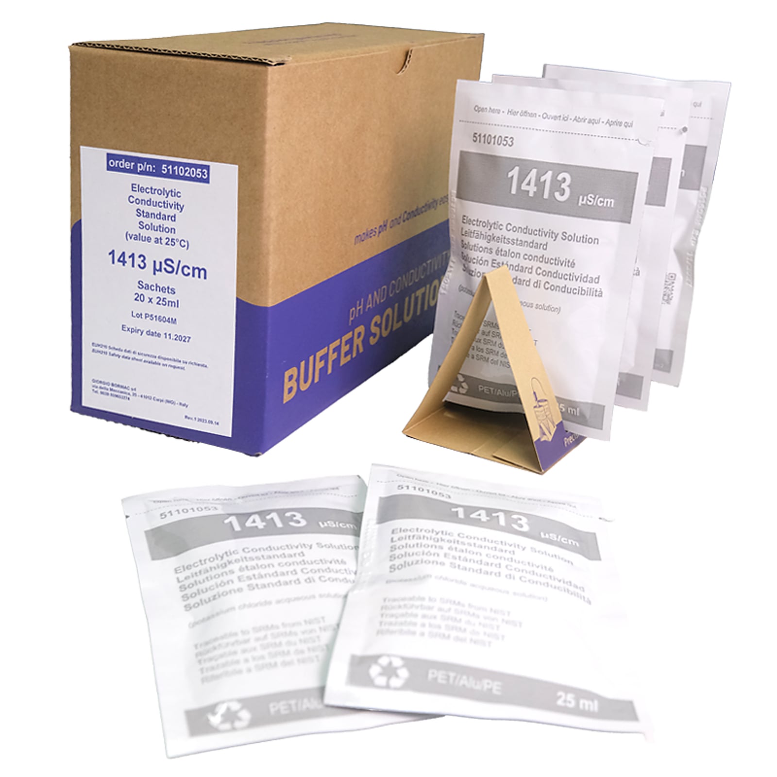 1x20 BUSTINE 25ml EC 1413 µS/cm ±1%/25°C, con certificato di analisi