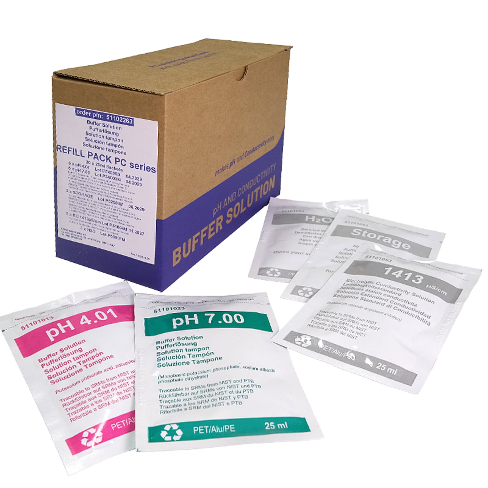 Set RICAMBIO per PC 1x20 BUSTINE 25ml(5x pH 4.01/7.00/EC 1413µS/cm + 3xH2O + 2x Storage 10ml)
