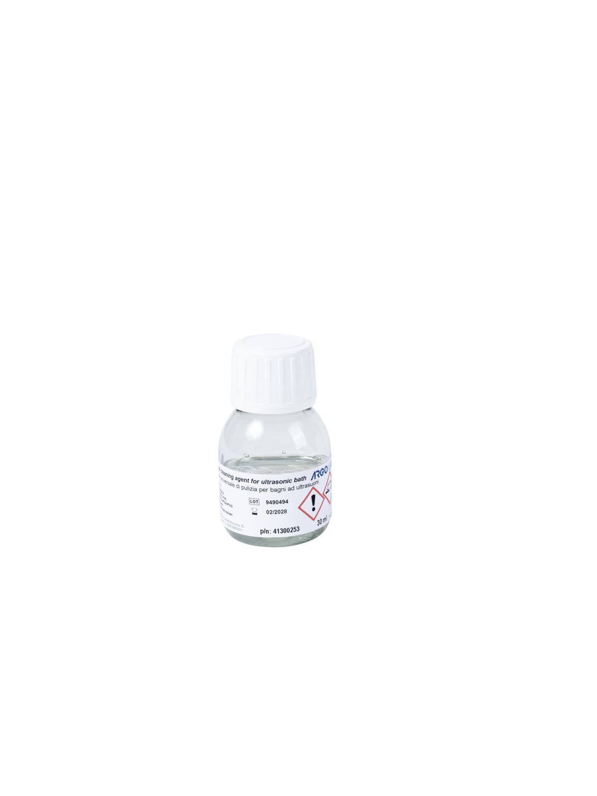 1x30 ml Soluzione Universale di pulizia per Bagni UltrasuoniUN1719 LIQUIDO ALCALINO CORROSIVO N.A.S. (Tripotassio Ortofosfato), 8, III, (E)/ UN1719 CAUSTIC ALKALI LIQUID, N.O.S. (Tripotassium Orthophosphate), 8, III, (E)