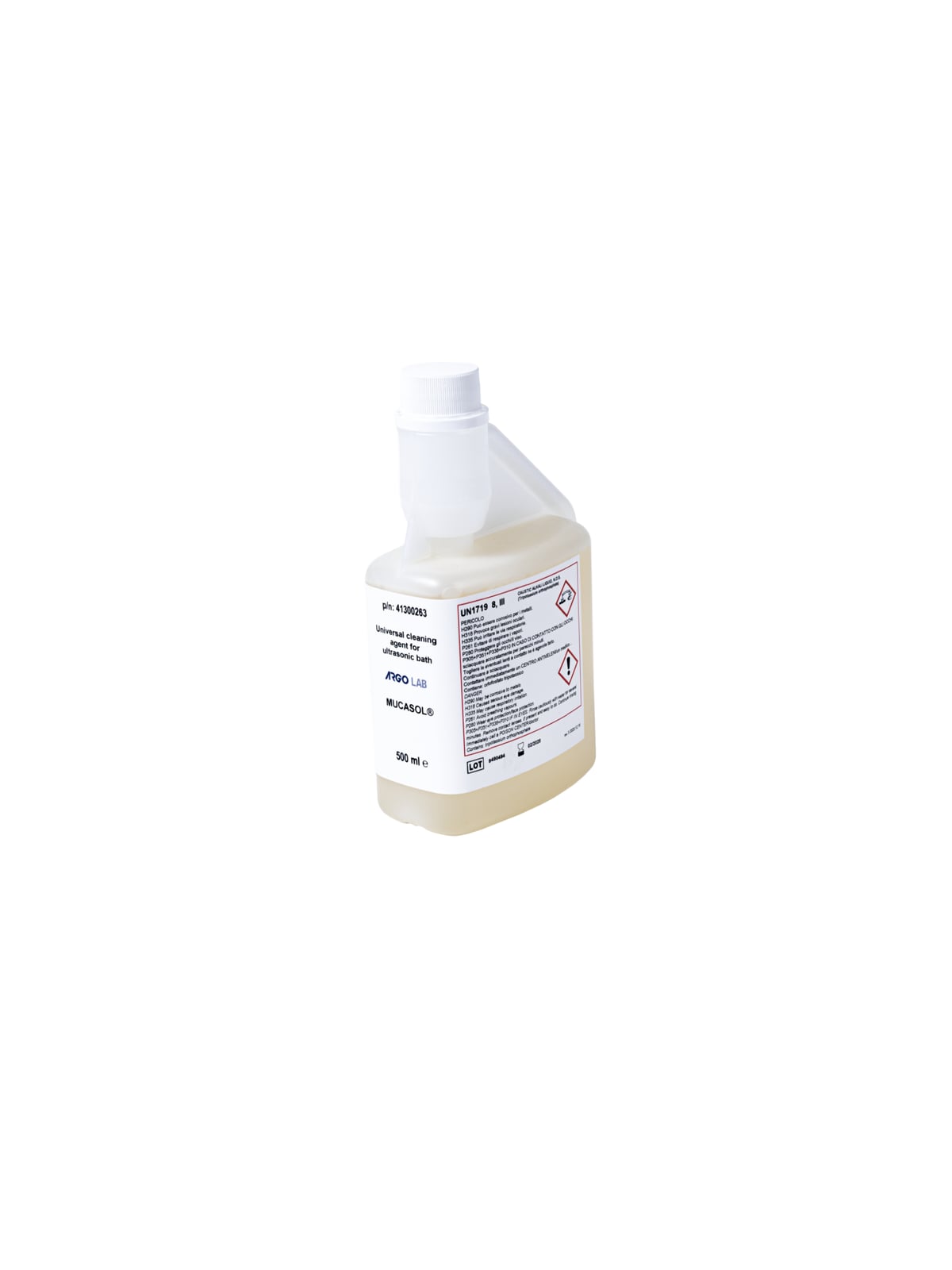 1x500 ml Soluzione Universale di pulizia per Bagni UltrasuoniUN1719 LIQUIDO ALCALINO CORROSIVO N.A.S. (Tripotassio Ortofosfato), 8, III, (E)/ UN1719 CAUSTIC ALKALI LIQUID, N.O.S. (Tripotassium Orthophosphate), 8, III, (E)