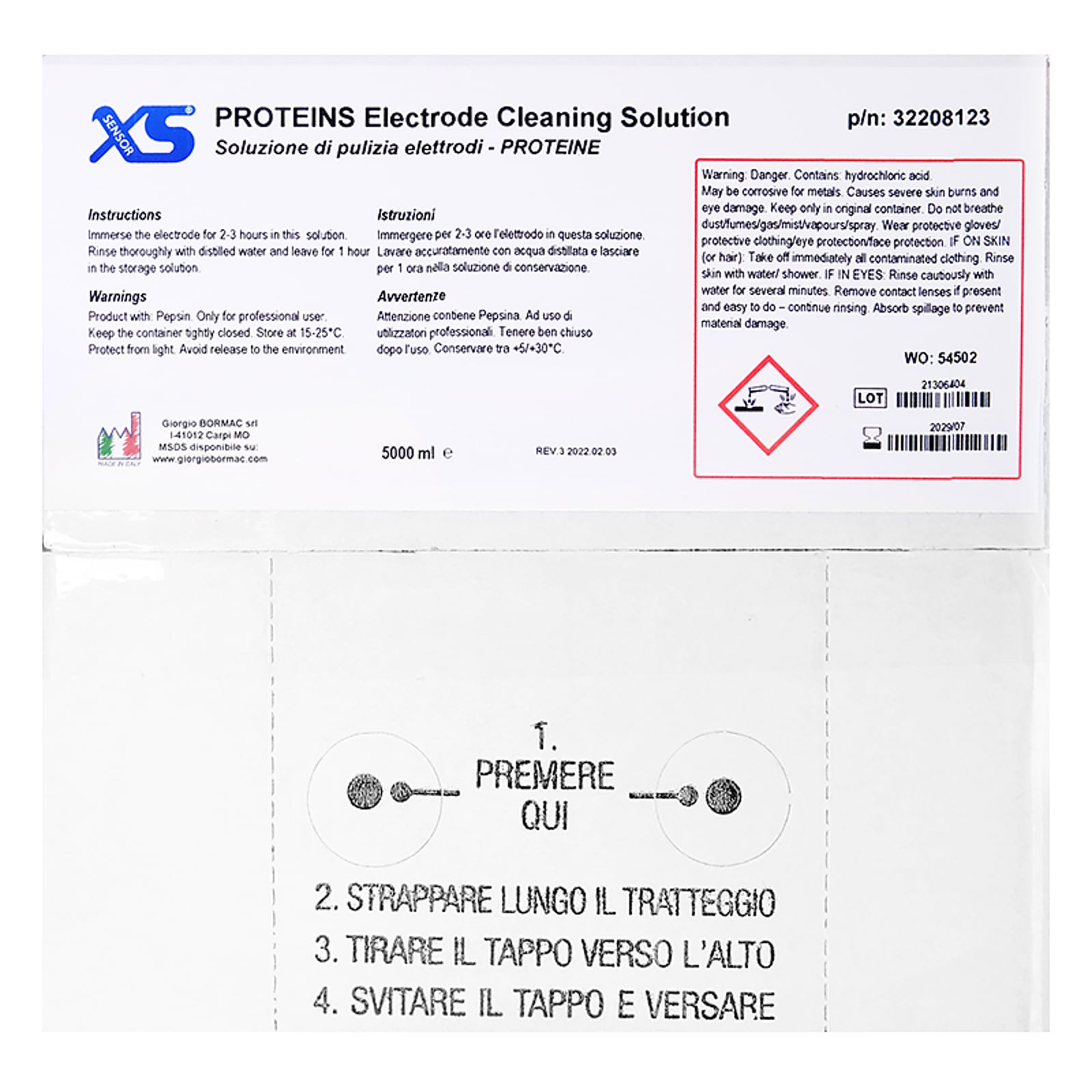 1X5L Politainer XS Soluzione PULIZIA PROTEINEUN1789 ACIDO CLORIDRICO, 8, III, (E) / UN1789 HYDROCHLORIC ACID, 8, III, (E)